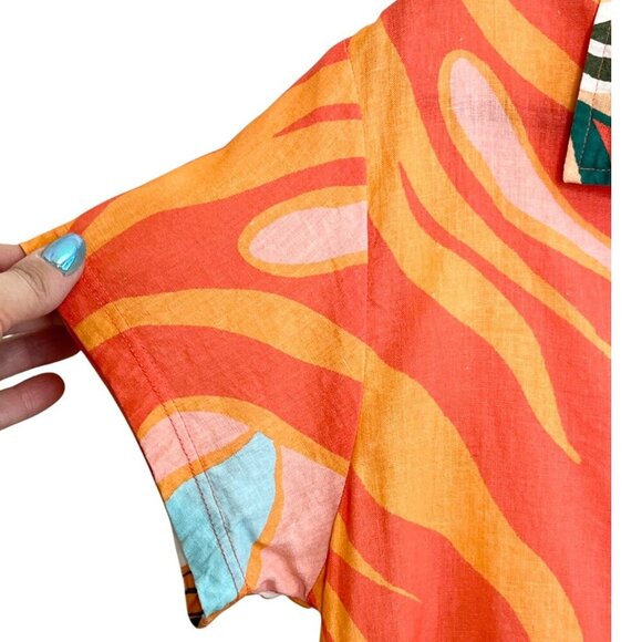 Vitamin A Retro Jungle Linen Blend Button Up Tropical Shirt Orange & Green SZ Sm - Picture 4 of 8